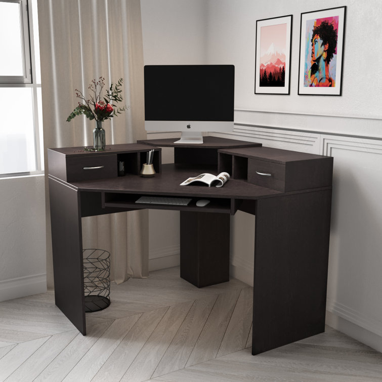 Latitude Run® Dark Brown Corner Executive Desk With Keyboard Tray Wayfair